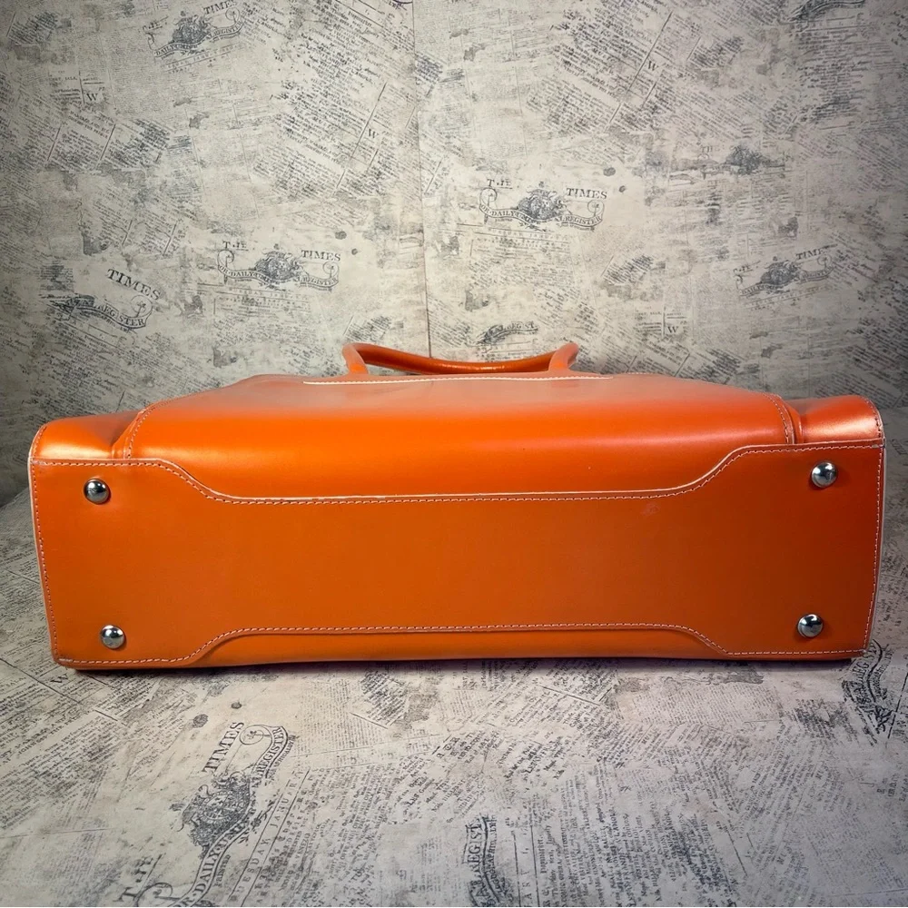 Structured Orange Leather Laptop Tote Bag with Double Handles